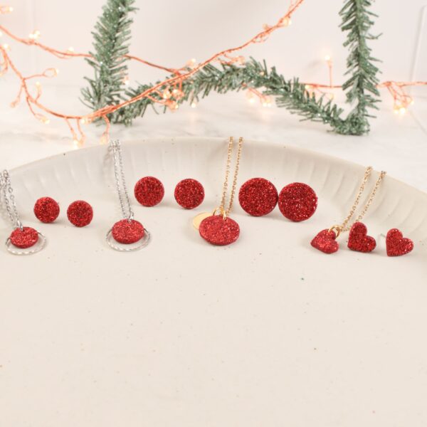Ohrstecker und Kette roter Glitzer