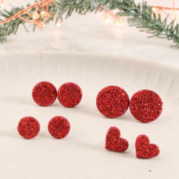 Ohrstecker und Kette roter Glitzer – Bild 3