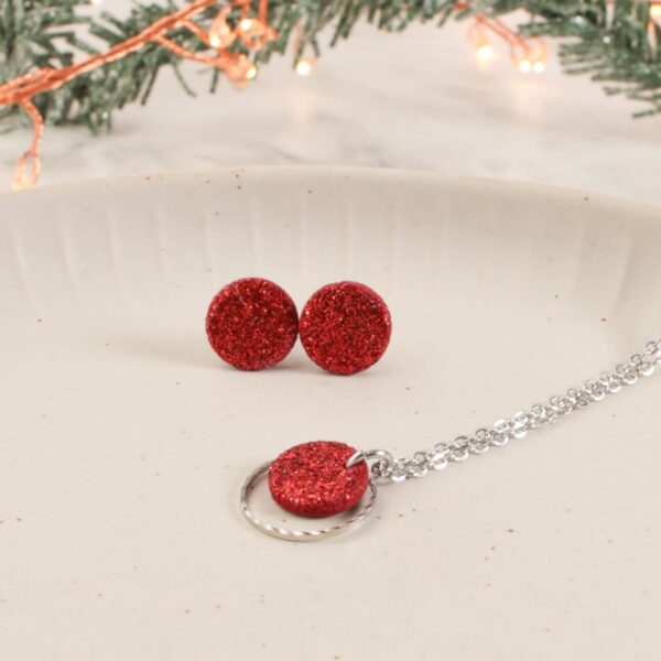 Ohrstecker und Kette roter Glitzer – Bild 5