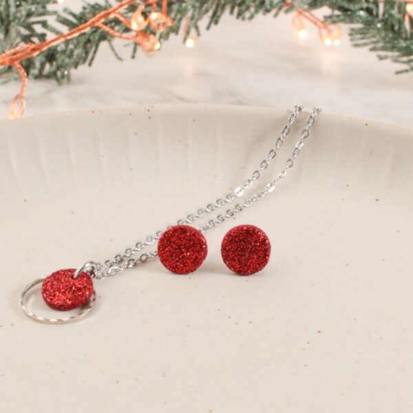 Ohrstecker und Kette roter Glitzer – Bild 6