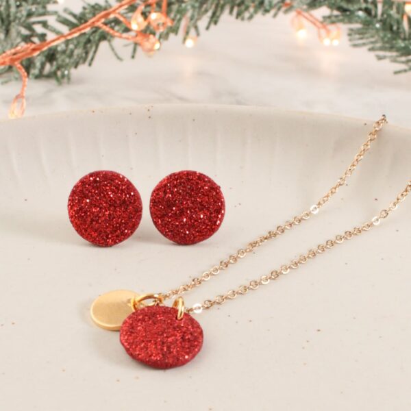 Ohrstecker und Kette roter Glitzer – Bild 7