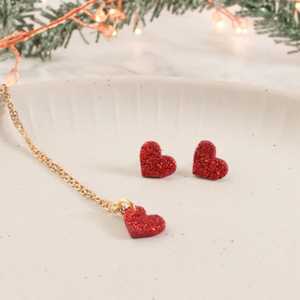 Ohrstecker und Kette roter Glitzer – Bild 8
