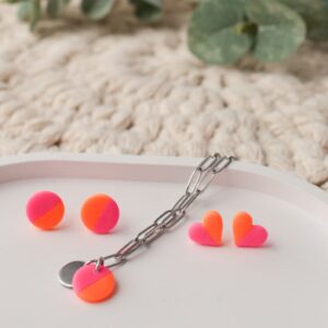 Ohrstecker und Paperclip-Halskette in NEON Orange-Pink